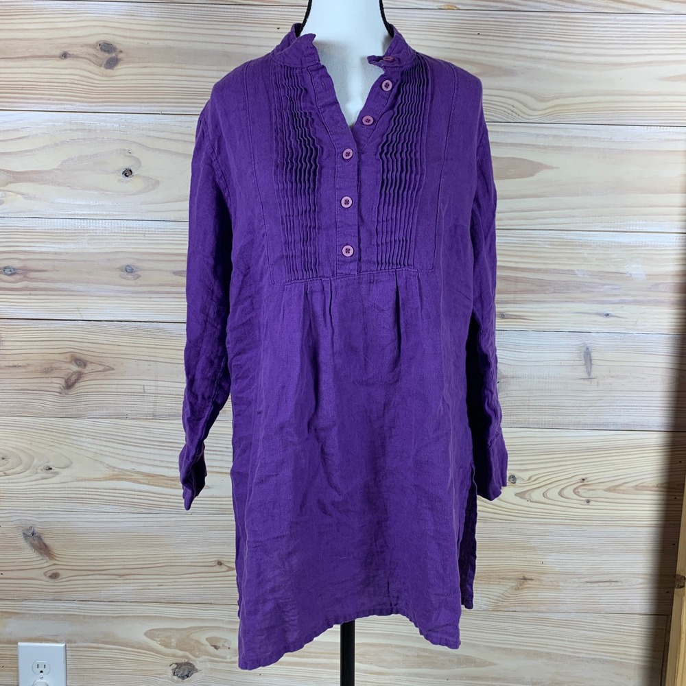J. Peterman Linen Tunic‎ Top Womens Small Purple Pin and Tuck Pleated Bib Shirt